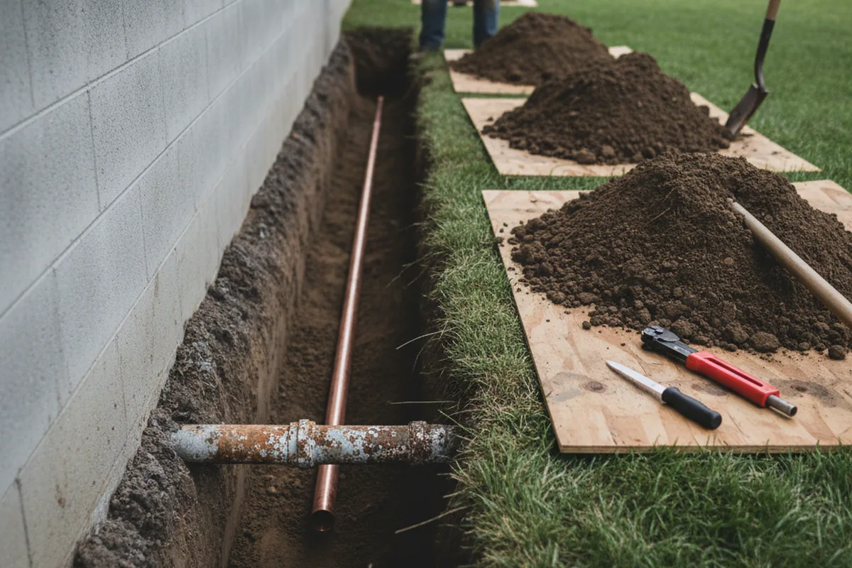 Excavated water line trench during Water Heater Repair in Juliustown